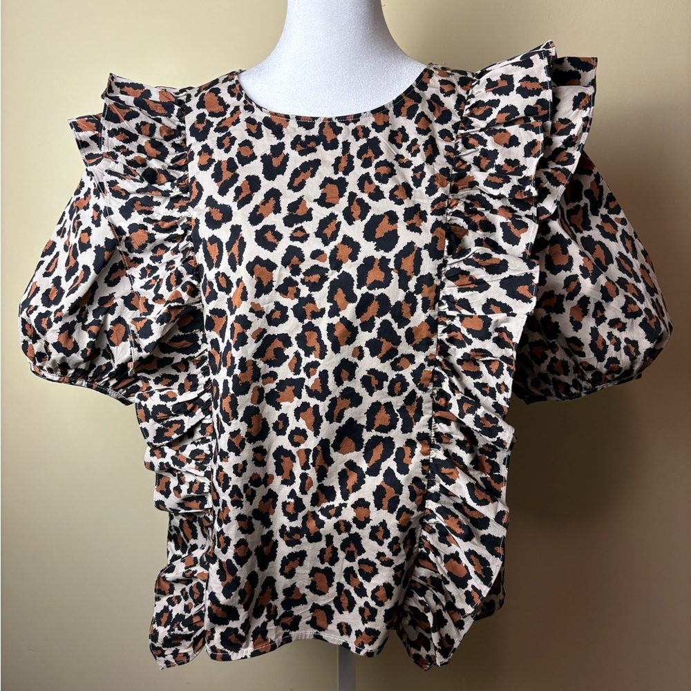English Factory Leopard Print Ruffle Sleeve Top in Black, Brown, Cream